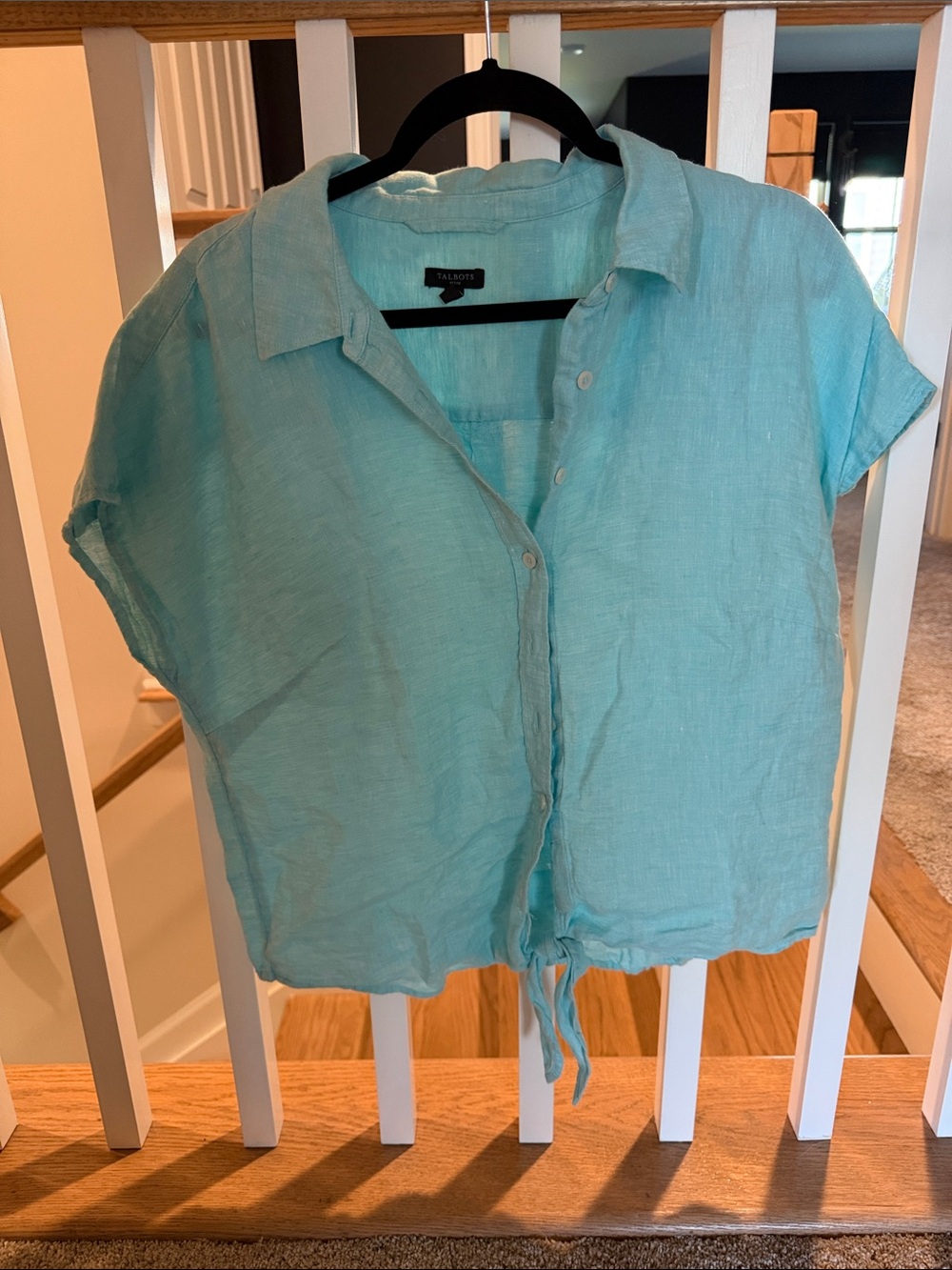 Talbots Linen Tie-Front Short Sleeve Shirt - Aqua